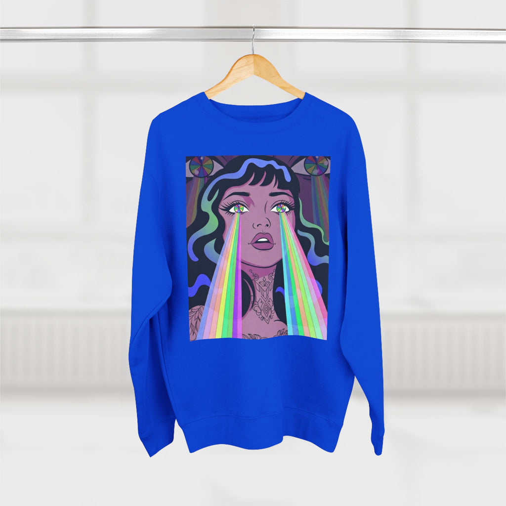 Elev8ted Living Crewneck Sweatshirt — Trippie Girl with Laser Rainbow Eyes