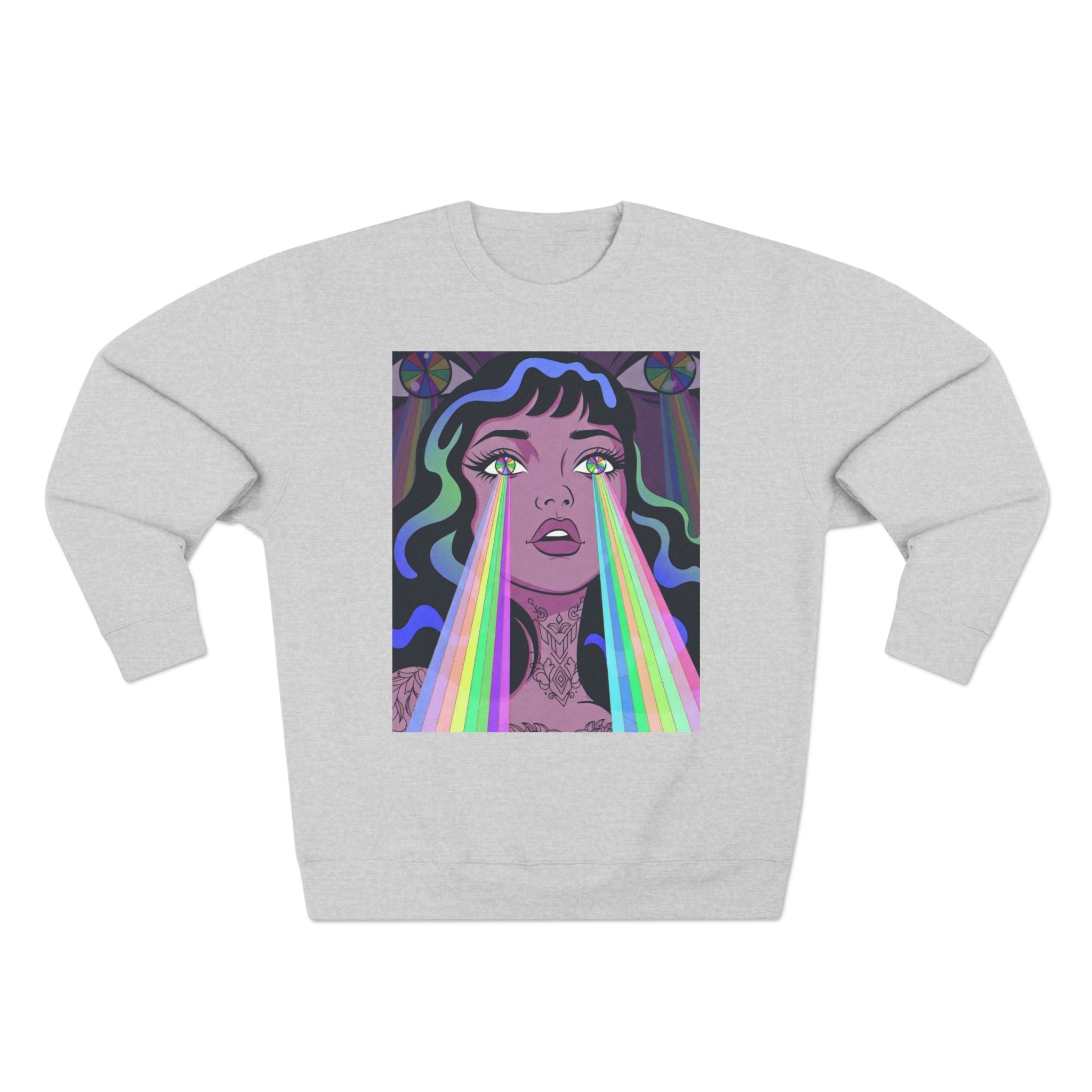 Elev8ted Living Crewneck Sweatshirt — Trippie Girl with Laser Rainbow Eyes