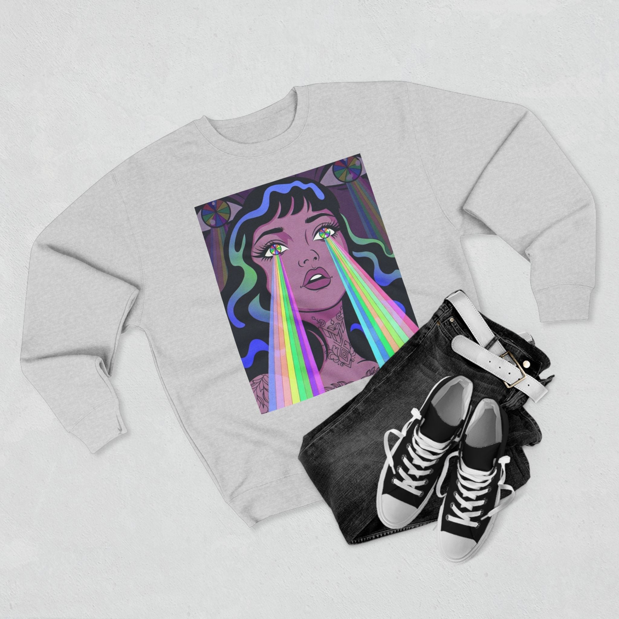 Elev8ted Living Crewneck Sweatshirt — Trippie Girl with Laser Rainbow Eyes
