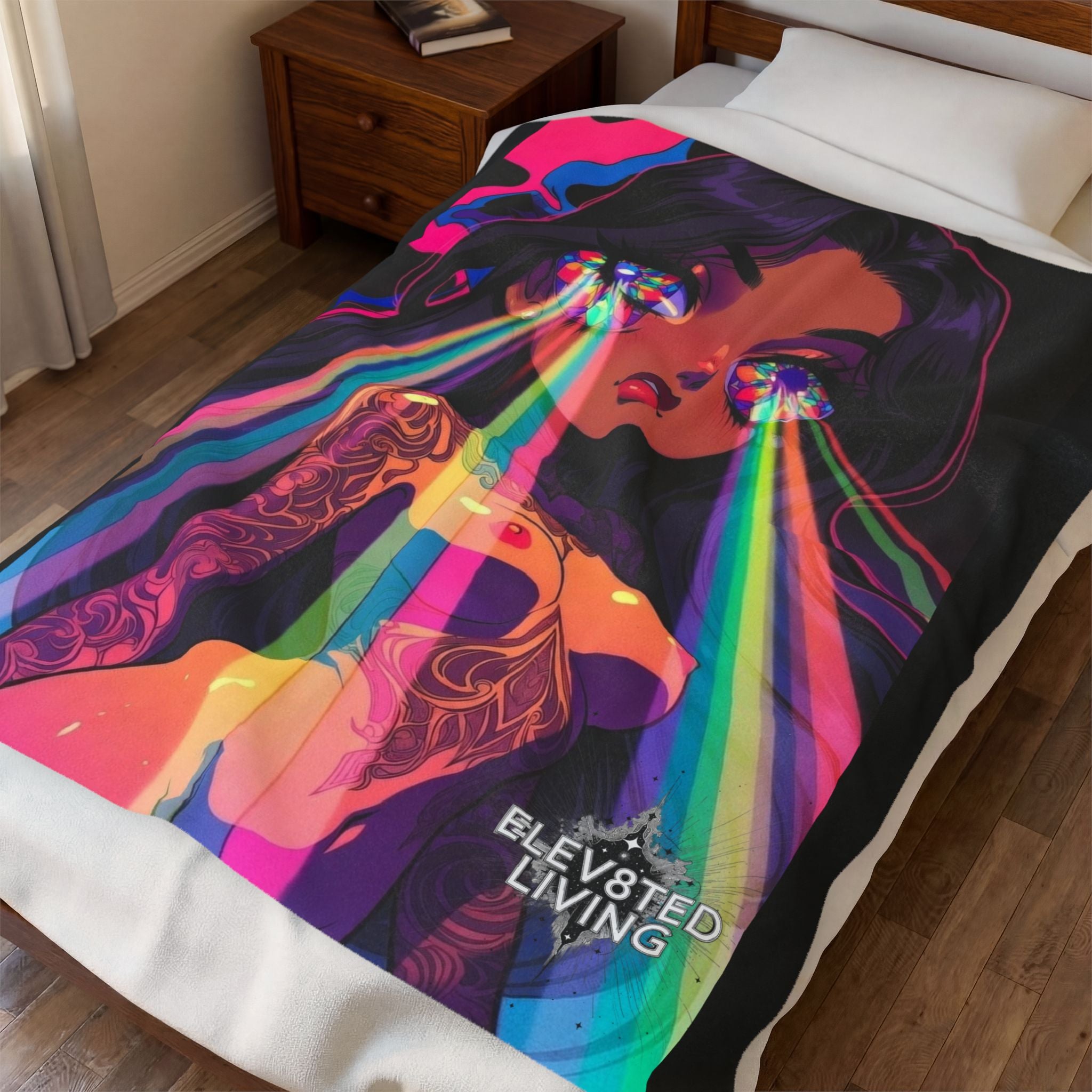 Velveteen Plush Blanket — ELEV8TED LIVING Girl with Rainbow Laser Eyes