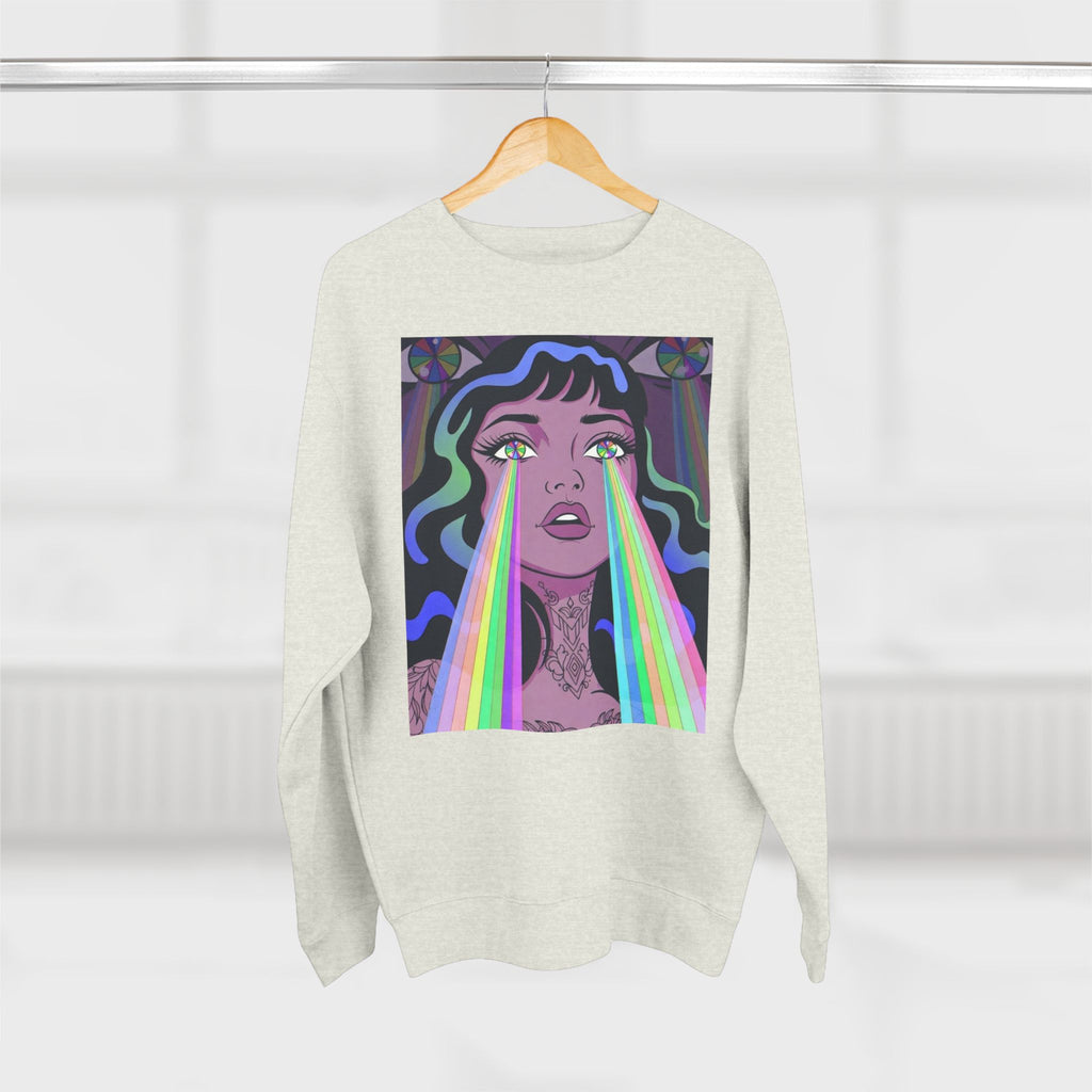 Elev8ted Living Crewneck Sweatshirt — Trippie Girl with Laser Rainbow Eyes
