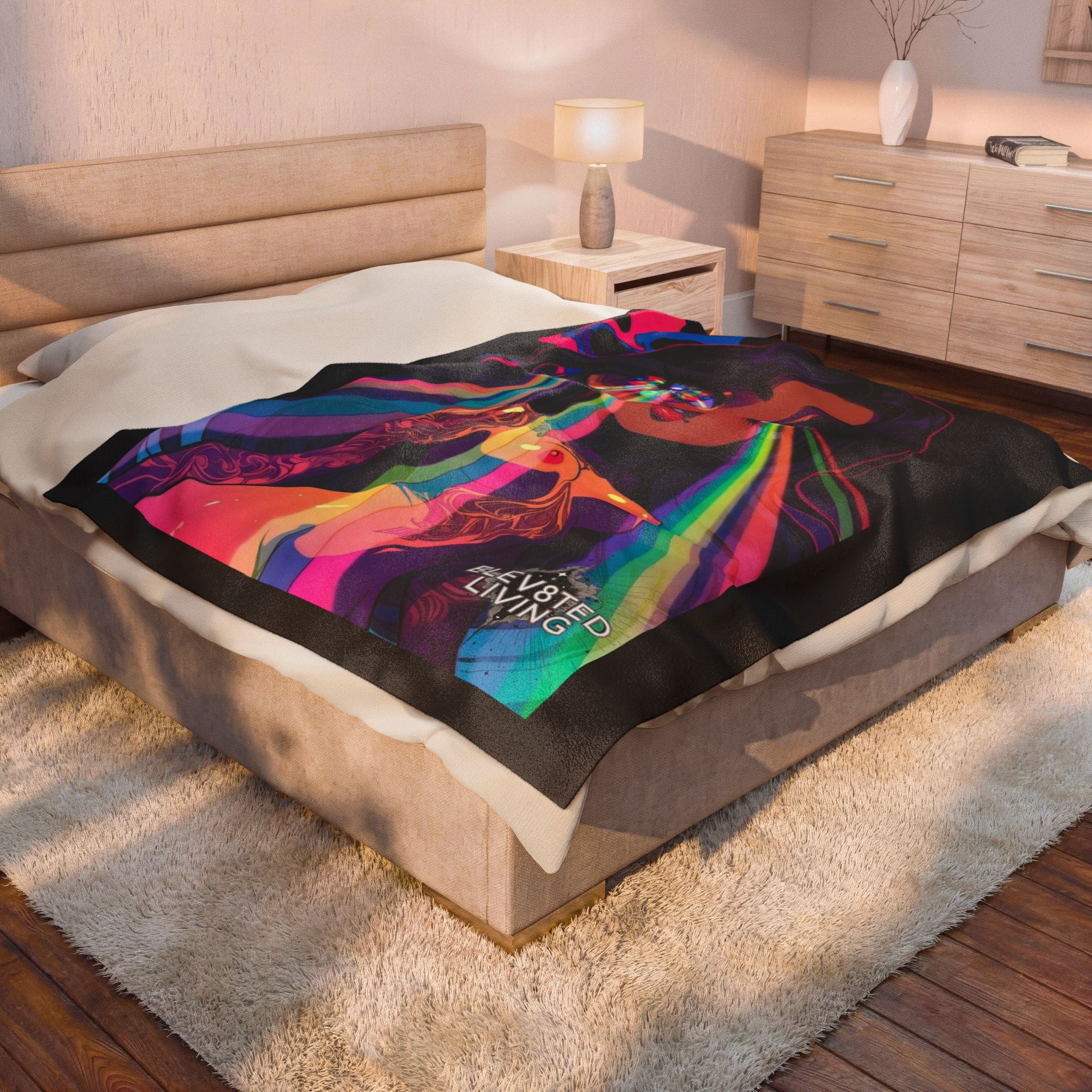Velveteen Plush Blanket — ELEV8TED LIVING Girl with Rainbow Laser Eyes