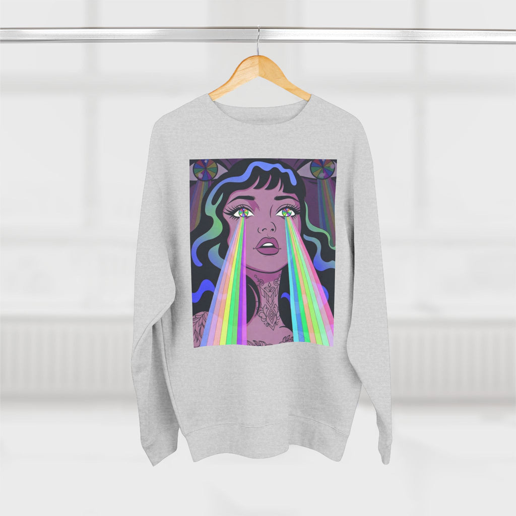 Elev8ted Living Crewneck Sweatshirt — Trippie Girl with Laser Rainbow Eyes