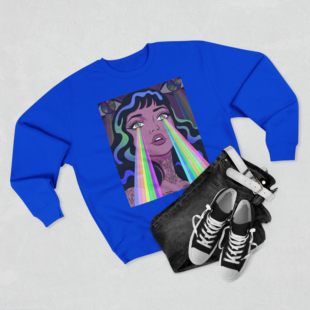 Elev8ted Living Crewneck Sweatshirt — Trippie Girl with Laser Rainbow Eyes