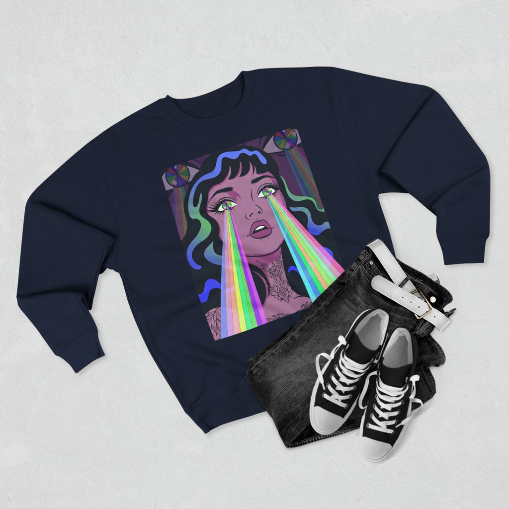 Elev8ted Living Crewneck Sweatshirt — Trippie Girl with Laser Rainbow Eyes