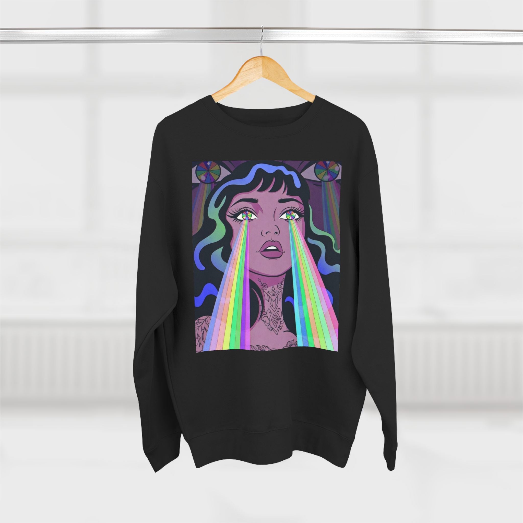 Elev8ted Living Crewneck Sweatshirt — Trippie Girl with Laser Rainbow Eyes
