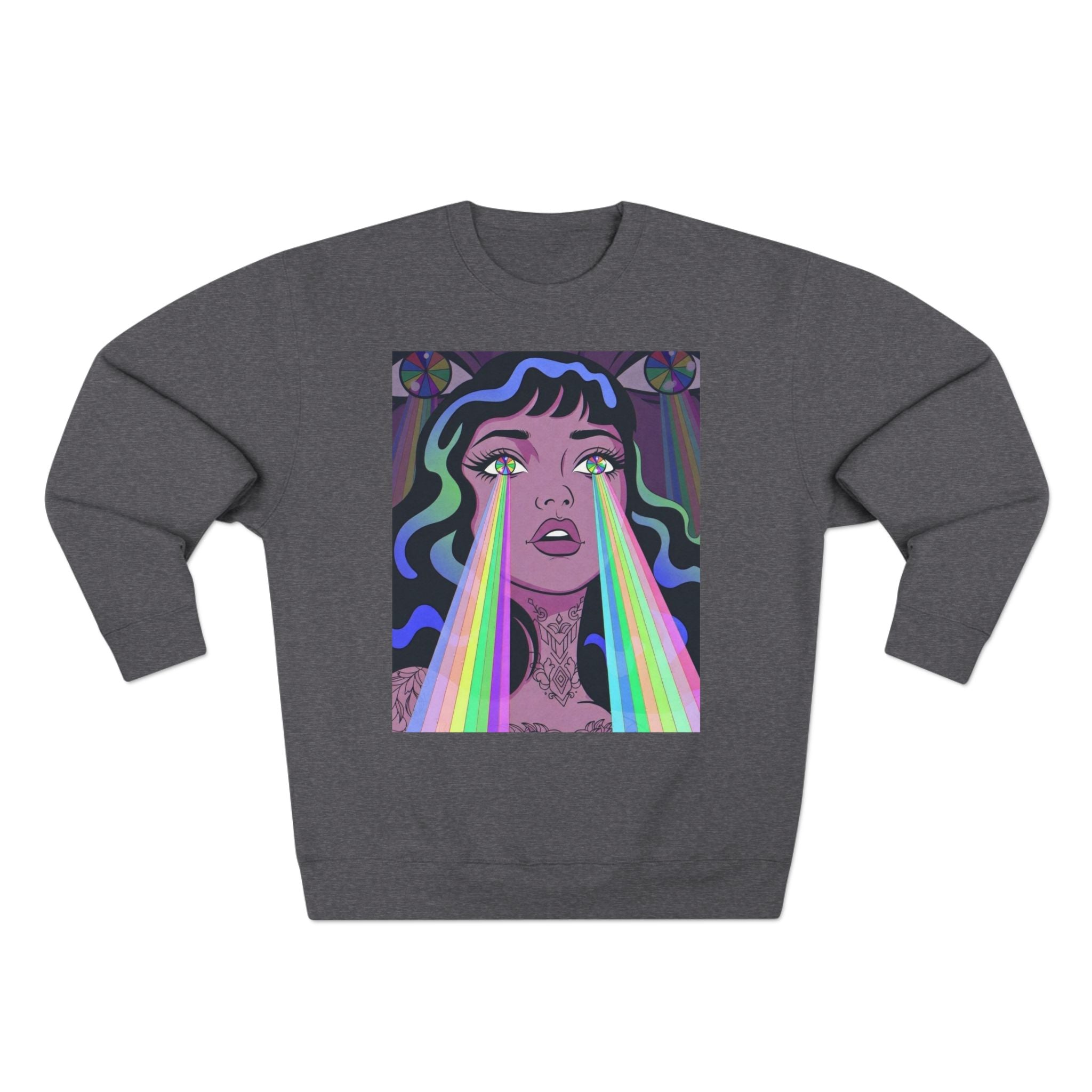 Elev8ted Living Crewneck Sweatshirt — Trippie Girl with Laser Rainbow Eyes