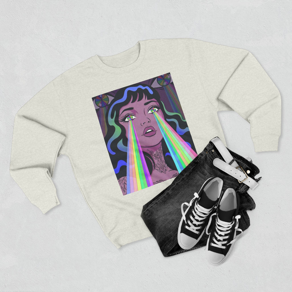 Elev8ted Living Crewneck Sweatshirt — Trippie Girl with Laser Rainbow Eyes