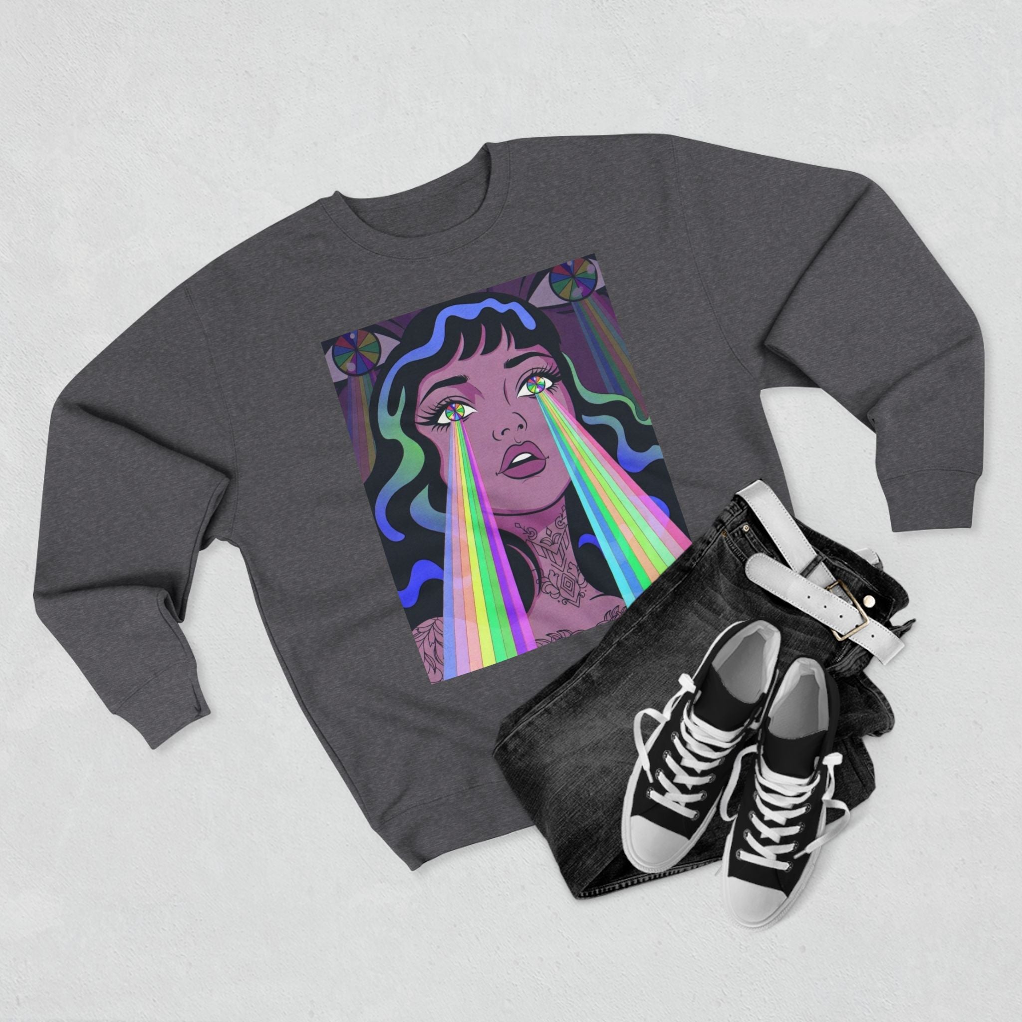 Elev8ted Living Crewneck Sweatshirt — Trippie Girl with Laser Rainbow Eyes
