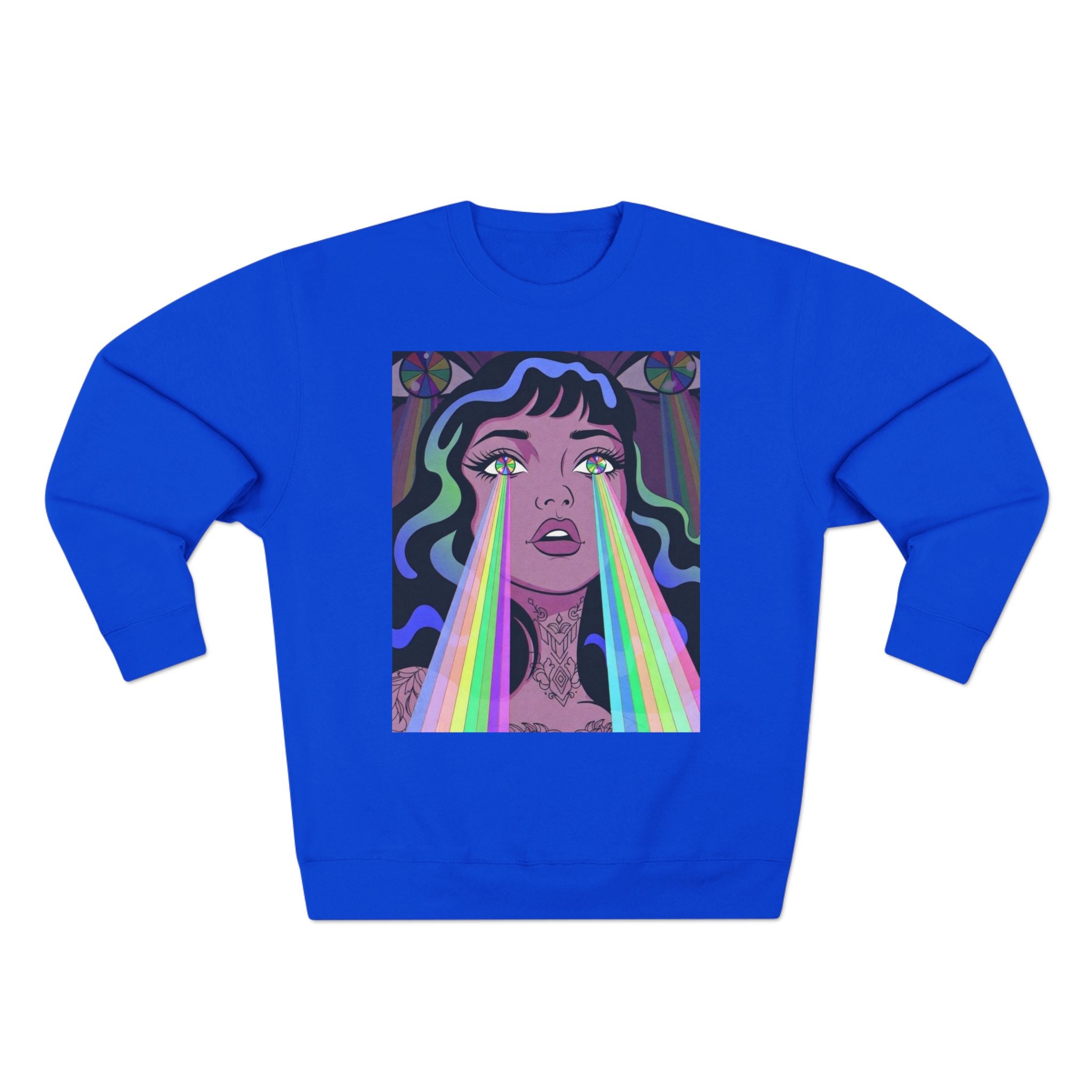 Elev8ted Living Crewneck Sweatshirt — Trippie Girl with Laser Rainbow Eyes