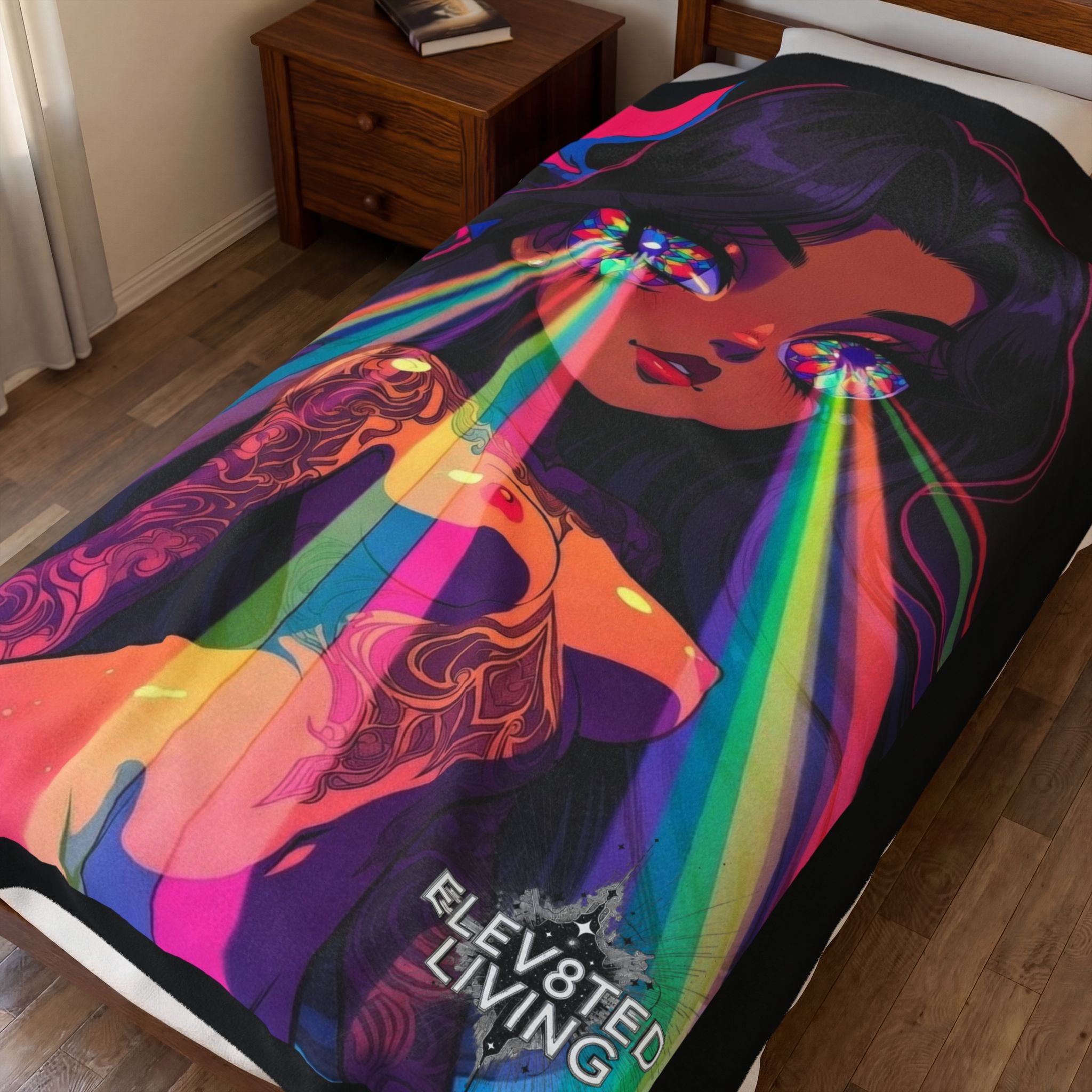 Velveteen Plush Blanket — ELEV8TED LIVING Girl with Rainbow Laser Eyes