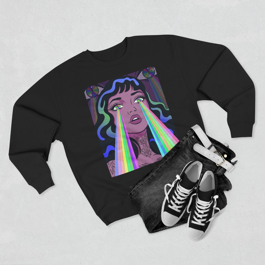 Elev8ted Living Crewneck Sweatshirt — Trippie Girl with Laser Rainbow Eyes