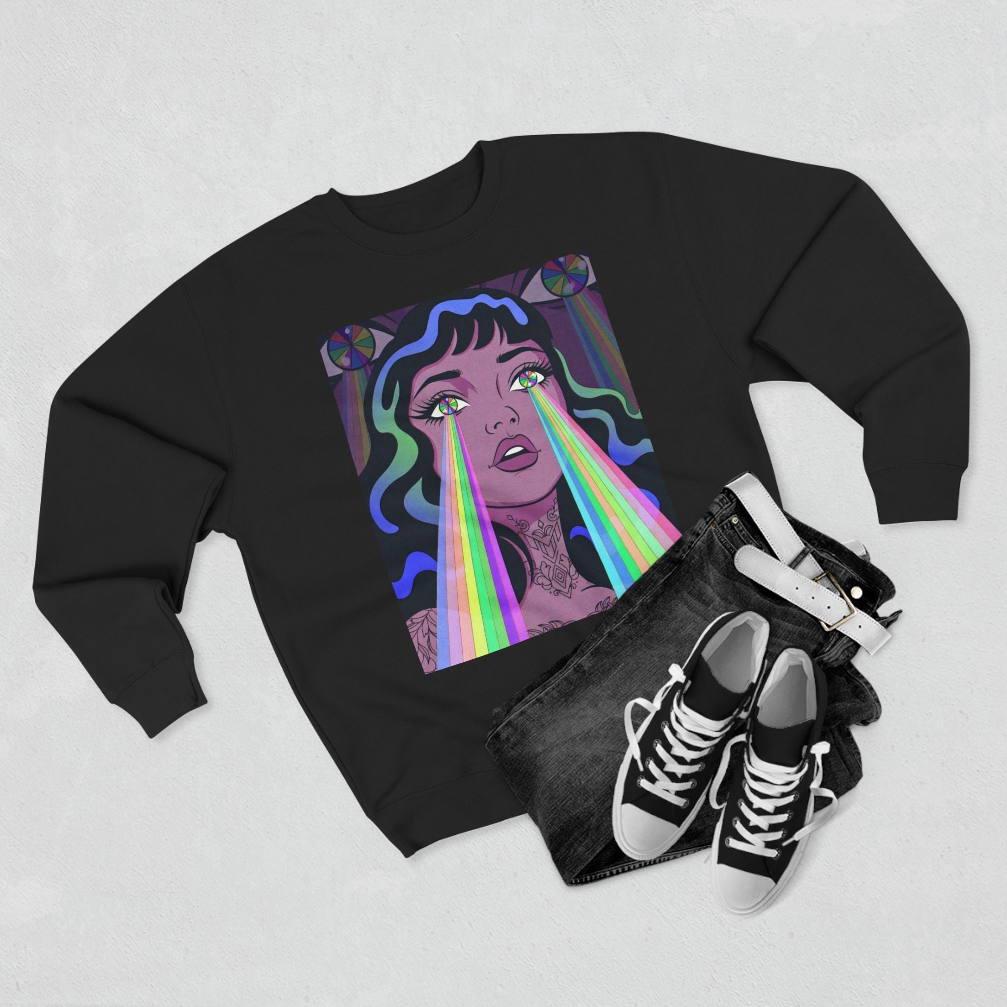Elev8ted Living Crewneck Sweatshirt — Trippie Girl with Laser Rainbow Eyes
