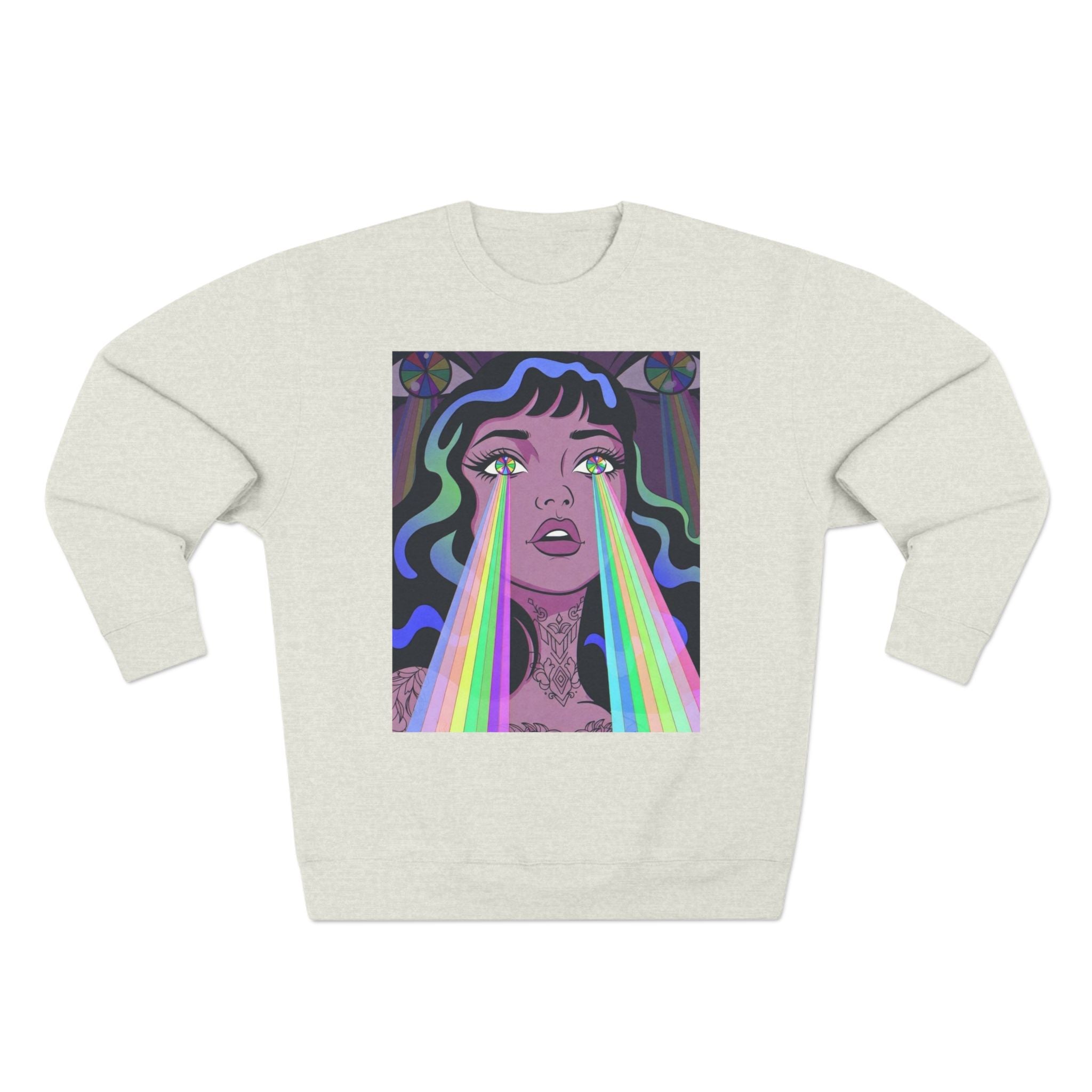 Elev8ted Living Crewneck Sweatshirt — Trippie Girl with Laser Rainbow Eyes