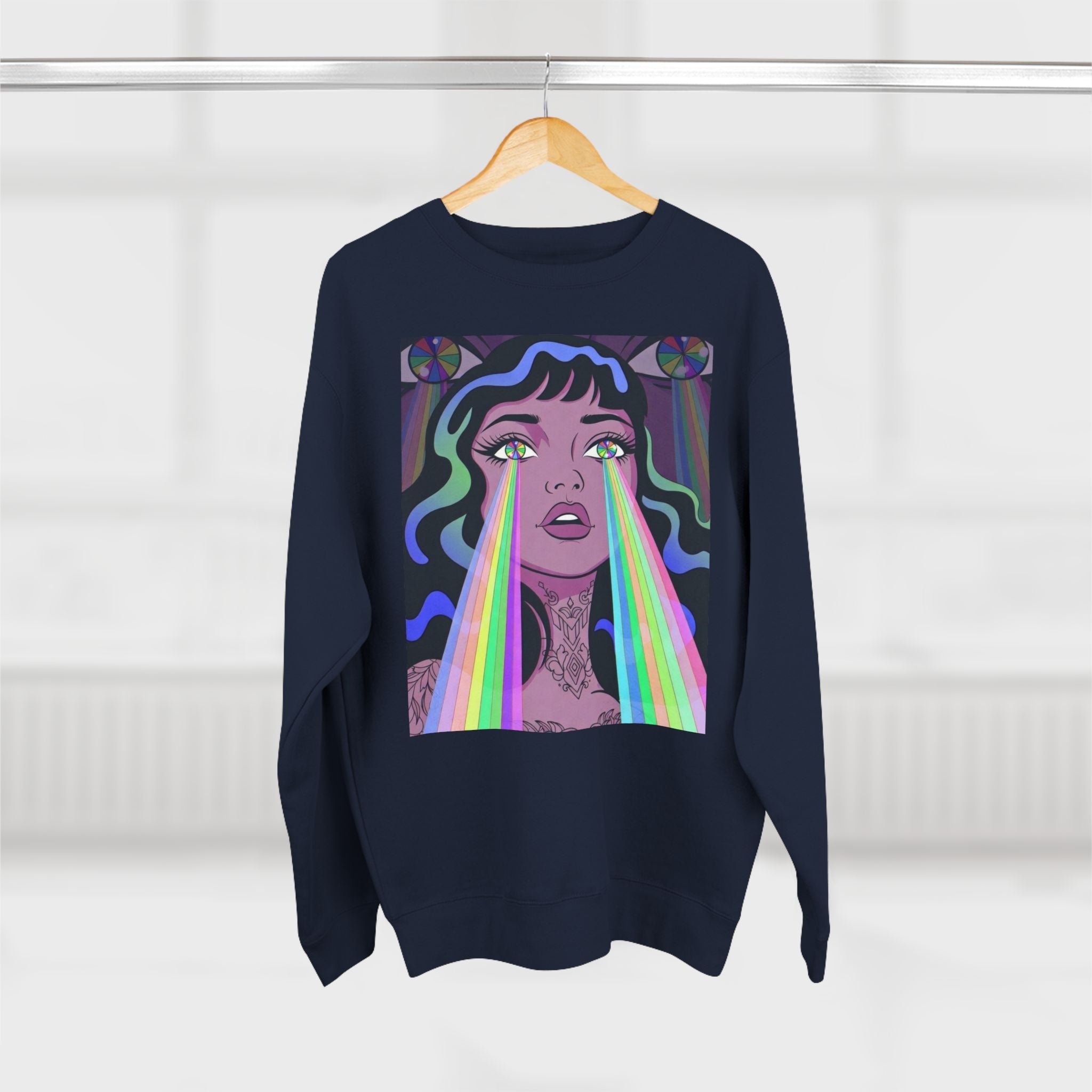 Elev8ted Living Crewneck Sweatshirt — Trippie Girl with Laser Rainbow Eyes