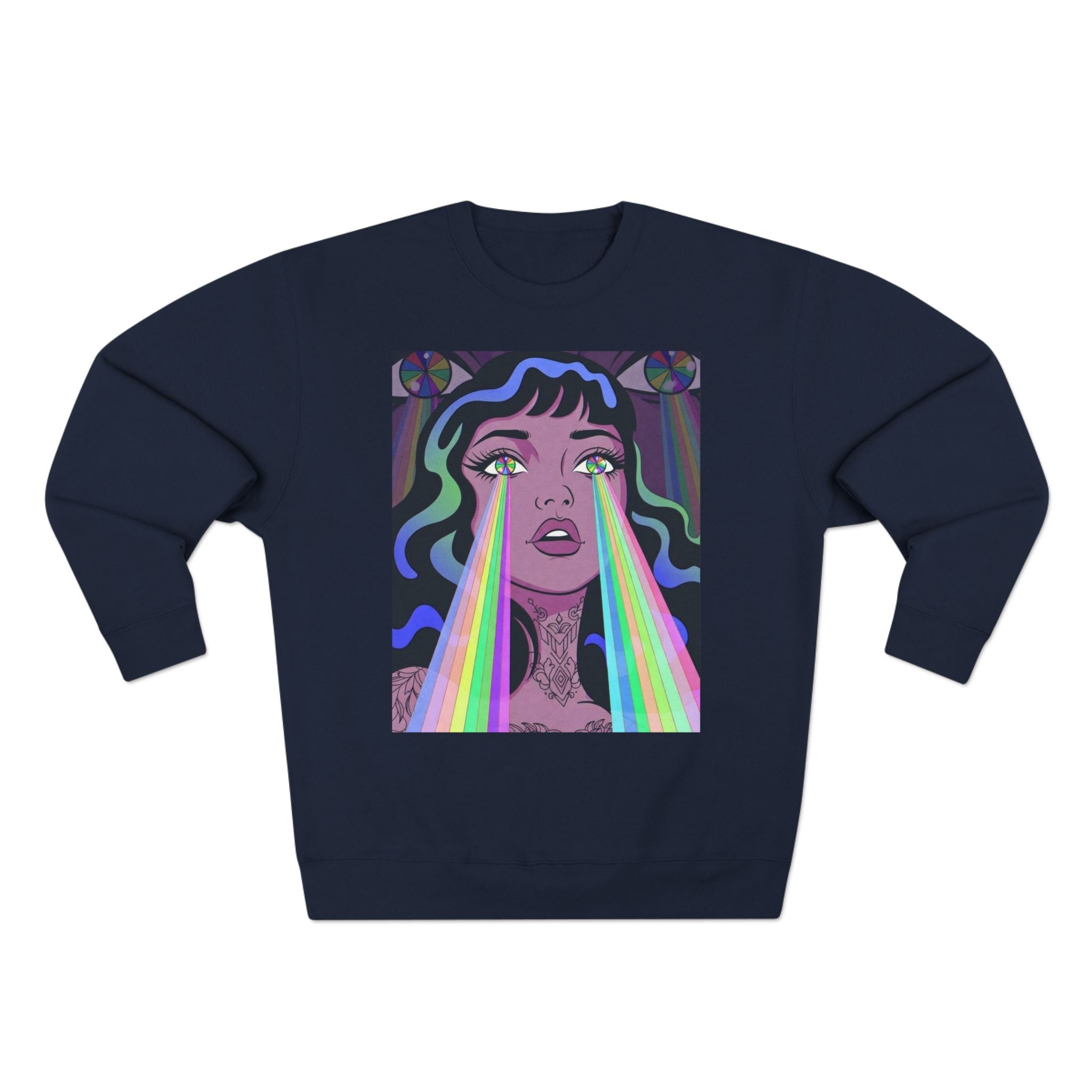 Elev8ted Living Crewneck Sweatshirt — Trippie Girl with Laser Rainbow Eyes